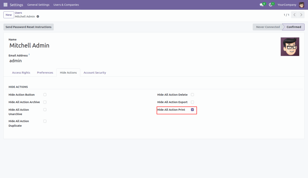 Hide Action Button in Odoo App