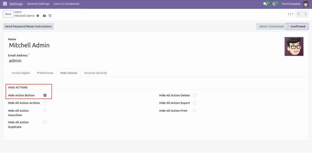 Hide Action Button in Odoo App