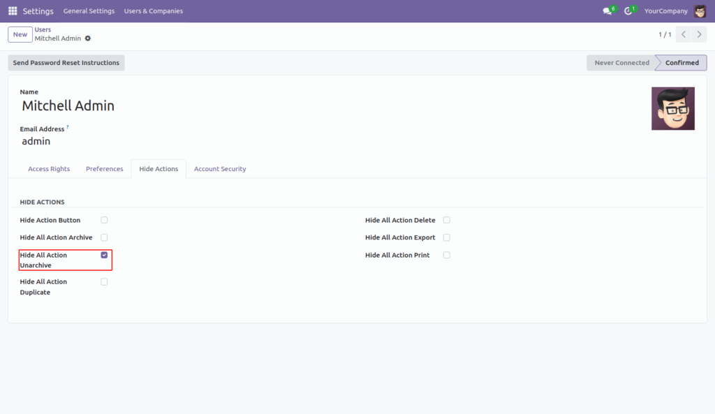 Hide Action Button in Odoo App
