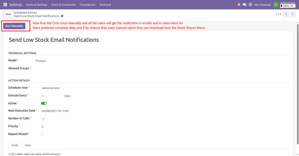 Product Low Stock Notifier in Odoo