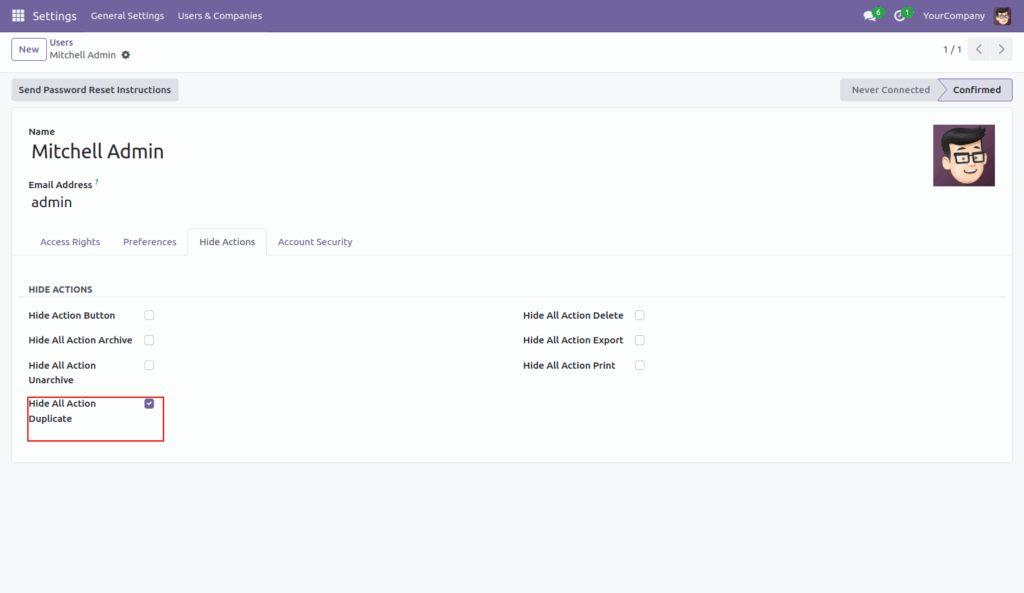 Hide Action Button in Odoo App
