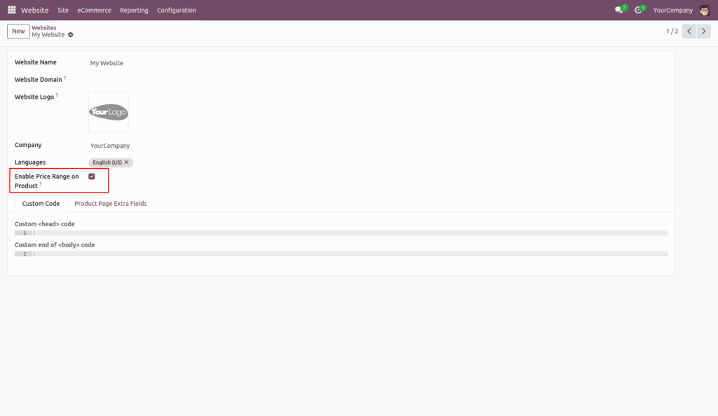 Product Variant Price Range in website