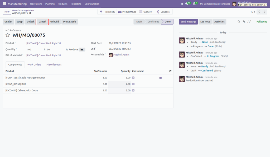 Cancel Manufacturing Orders in Odoo