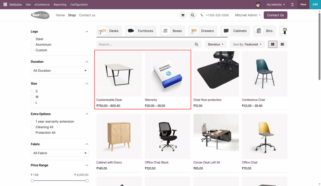 Product Variant Price Range in website