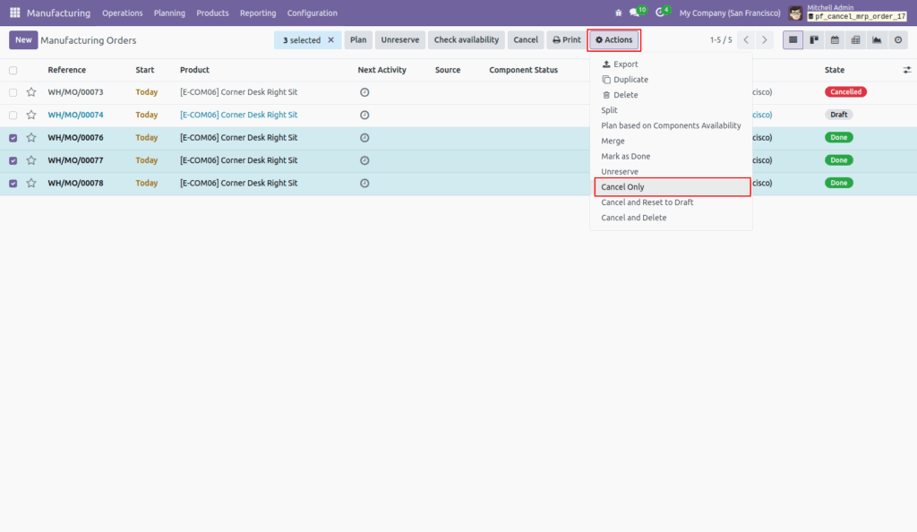 Cancel Manufacturing Orders in Odoo