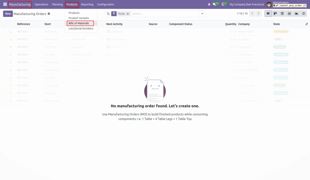 Cancel Manufacturing Orders in Odoo