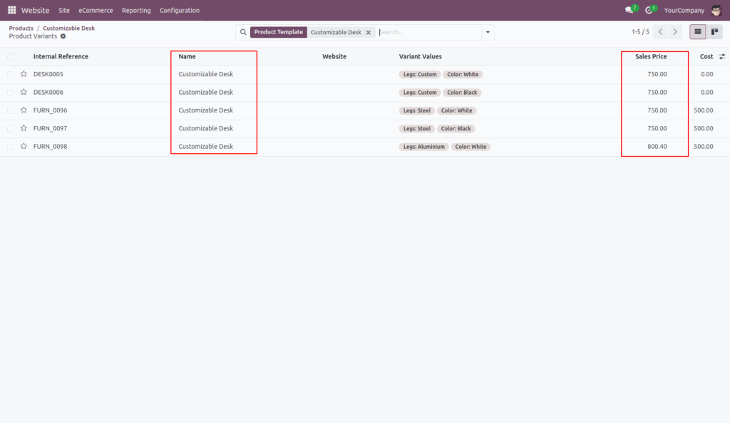 Product Variant Price Range in website
