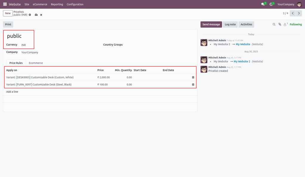 Product Variant Price Range in website