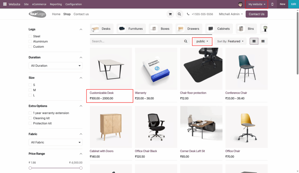 Product Variant Price Range in website