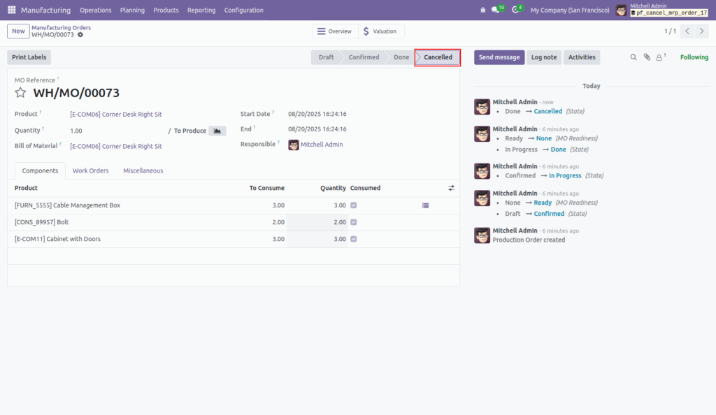 Cancel Manufacturing Orders in Odoo